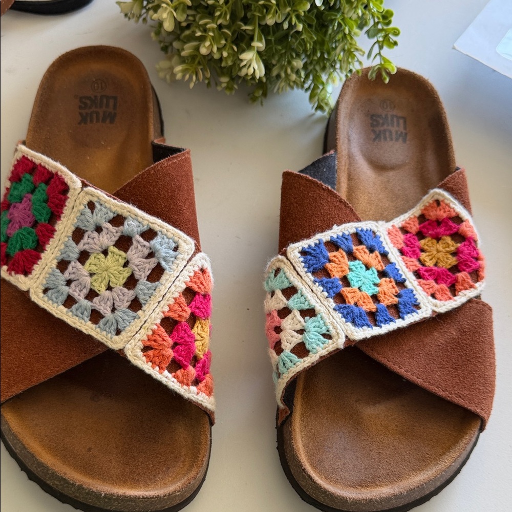 Muk Luks Brown Suede Slides with Multicolor Crochet Straps